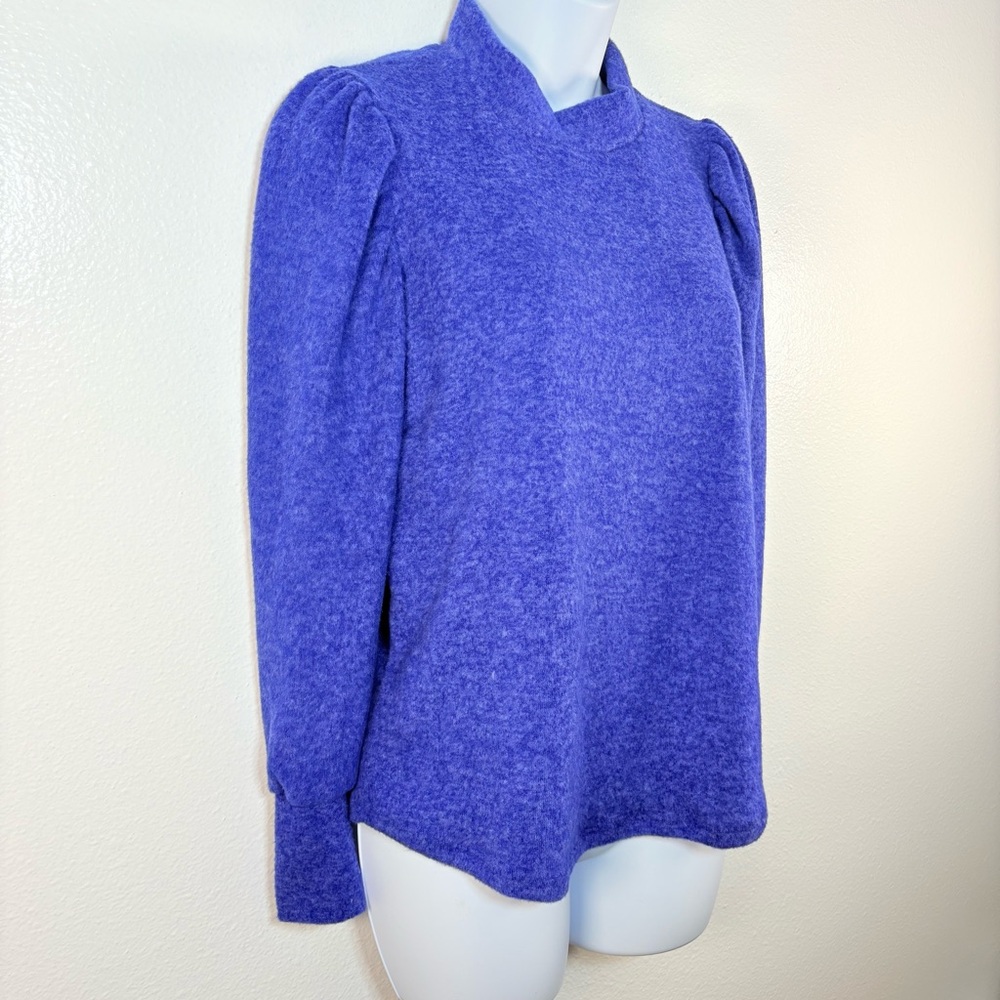 Zenana Deep Cobalt Blue Long Puff Sleeve Mock Neck Sweater SzM Super Soft Cozy